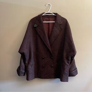 Vintage BHS Wool Burgundy Double-Breasted Cape Coat w Leather Trim Size 18